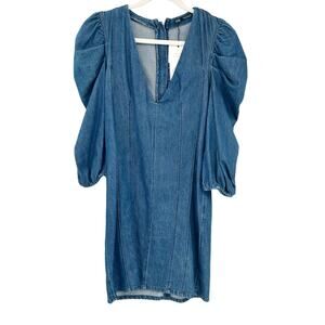 Zara Womens Casual Chic 70s V-Neck Puff Statement Sleeve Denim‎ Dress Size XS